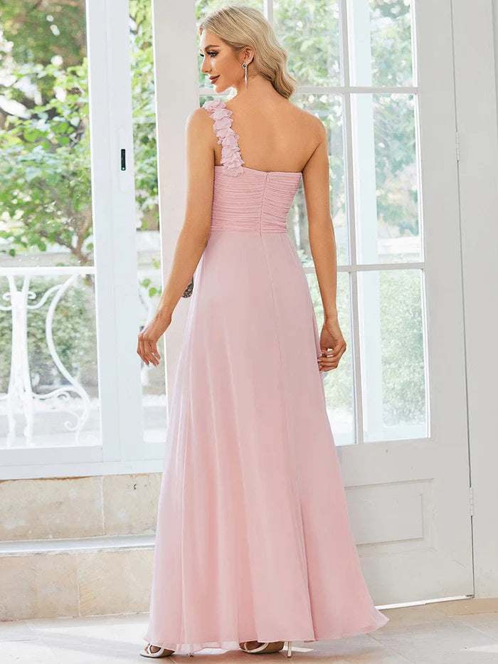 Wholesa Sweet Pleated Bodice One Shoulder Chiffon Bridesmaid Dress