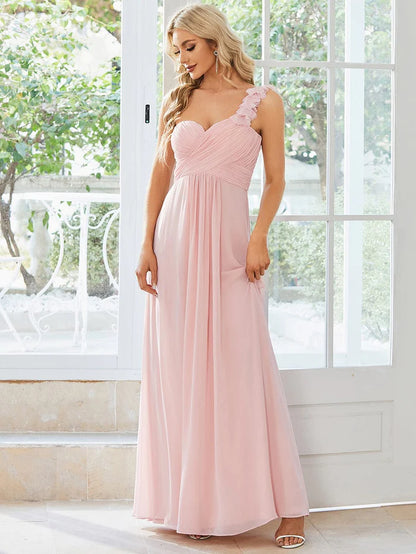 Wholesa Sweet Pleated Bodice One Shoulder Chiffon Bridesmaid Dress