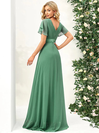 Wholesa Long Chiffon Empire Waist Bridesmaid Dress with Short Flutter Sleeves