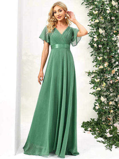 Wholesa Long Chiffon Empire Waist Bridesmaid Dress with Short Flutter Sleeves