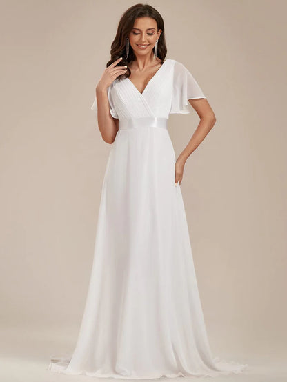 Wholesa Long Chiffon Empire Waist Bridesmaid Dress with Short Flutter Sleeves