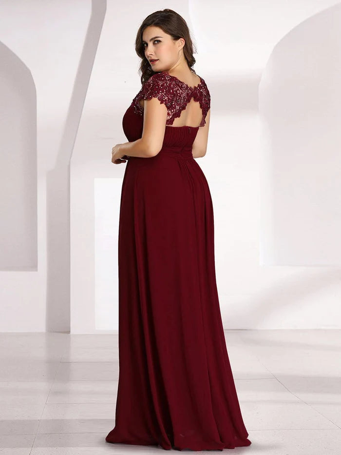 Wholesa Elegant Lace Cap Sleeve Maxi Long Chiffon Bridesmaid Dress