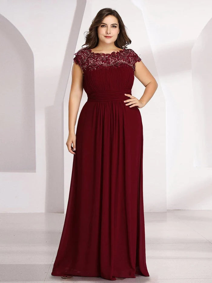 Wholesa Elegant Lace Cap Sleeve Maxi Long Chiffon Bridesmaid Dress