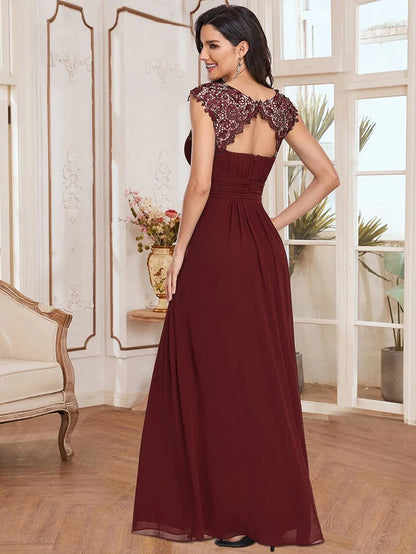 Wholesa Elegant Lace Cap Sleeve Maxi Long Chiffon Bridesmaid Dress