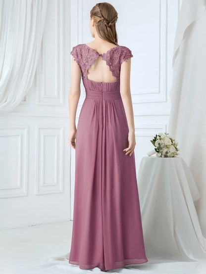 Wholesa Elegant Lace Cap Sleeve Maxi Long Chiffon Bridesmaid Dress