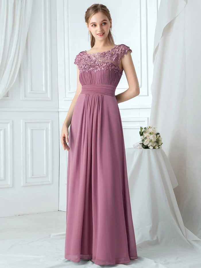 Wholesa Elegant Lace Cap Sleeve Maxi Long Chiffon Bridesmaid Dress