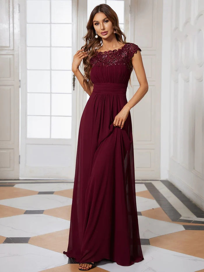 Wholesa Elegant Maxi Long Lace Cap Sleeve Bridesmaid Dress