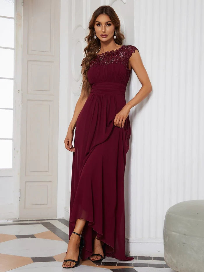 Wholesa Elegant Maxi Long Lace Cap Sleeve Bridesmaid Dress