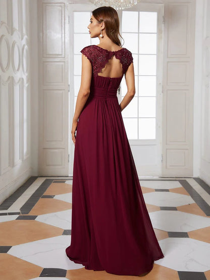 Wholesa Elegant Maxi Long Lace Cap Sleeve Bridesmaid Dress