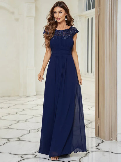 Wholesa Elegant Maxi Long Lace Cap Sleeve Bridesmaid Dress