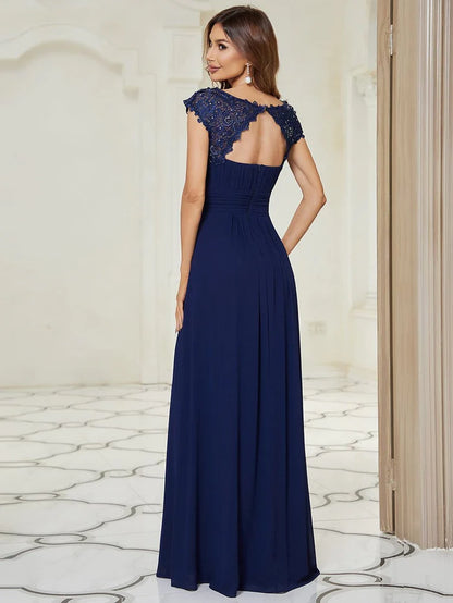 Wholesa Elegant Maxi Long Lace Cap Sleeve Bridesmaid Dress