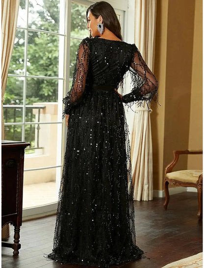 Wholesa A-Line Evening Gown Elegant Dress Formal Sweep / Brush Train Long Sleeve V Neck Sequined with Glitter Slit Strappy