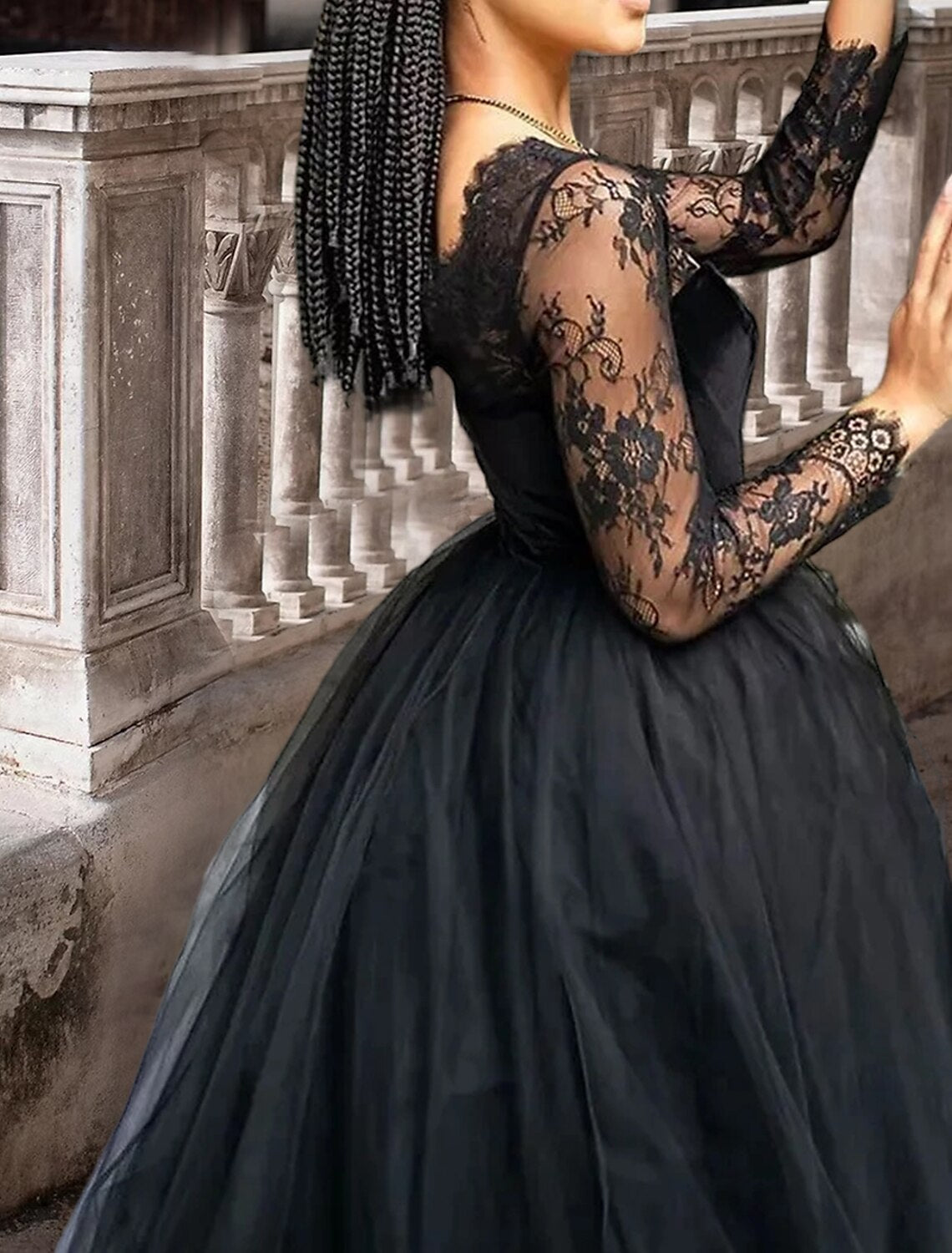 Wholesa Formal Black Wedding Dresses A-Line Square Neck 3/4 Length Sleeve Floor Length Lace Bridal Gowns With Pleats