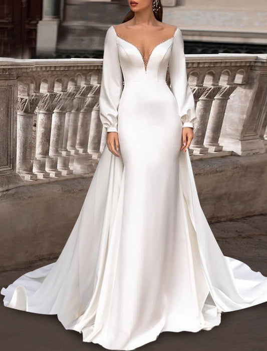 Wholesa Reception Formal Wedding Dresses Two Piece Illusion Neck Scoop Neck Long Sleeve Sweep / Brush Train Satin Bridal Gowns With Solid Color