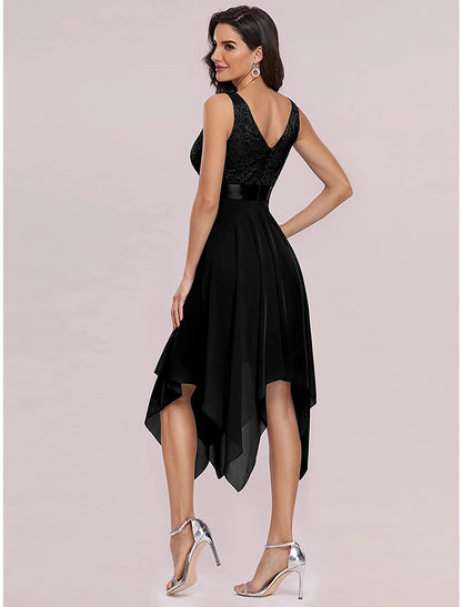 Wholesa  A-Line Cocktail Dresses Party Dress Homecoming Wedding Guest Asymmetrical Sleeveless V Neck Chiffon V Back with Pure Color Splicing