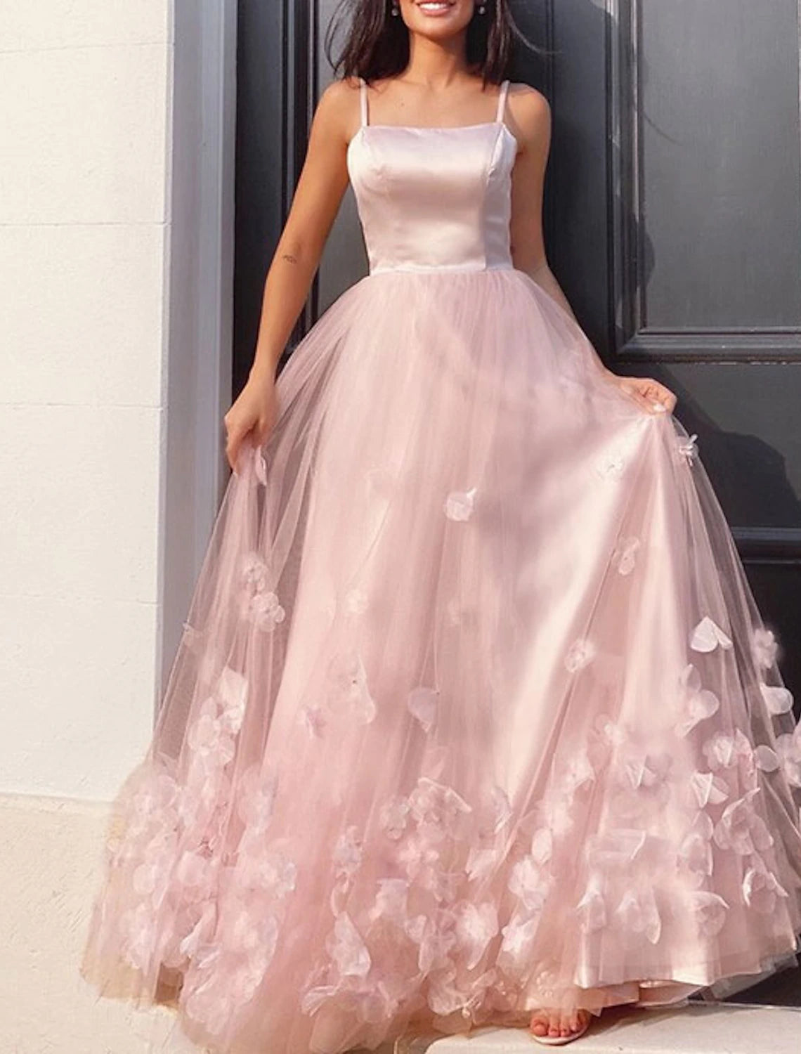 Wholesale A-Line Prom Dresses Floral Dress Performance Floor Length Sleeveless Spaghetti Strap Tulle with Pleats Appliques