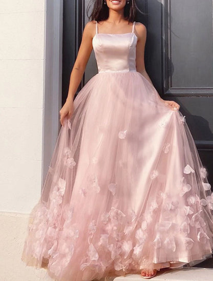 Wholesale A-Line Prom Dresses Floral Dress Performance Floor Length Sleeveless Spaghetti Strap Tulle with Pleats Appliques