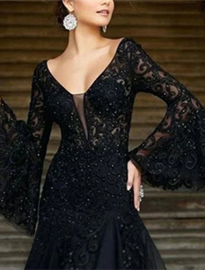 Wholesa A-Line Evening Gown Black Dress Vintage Formal Wedding Guest Floor Length Long Sleeve V Neck Lace with Appliques