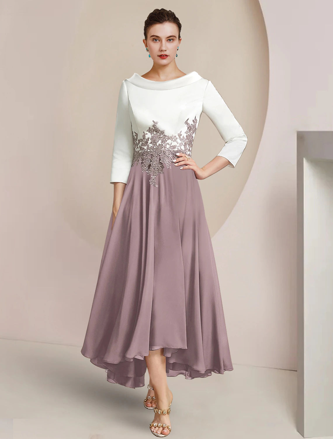 Wholesa  A-Line Mother of the Bride Dress Formal Wedding Guest Elegant High Low Scoop Neck Asymmetrical Tea Length Chiffon Satin Lace 3/4 Length Sleeve with Pleats Appliques Color Block