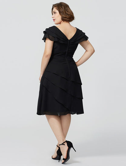 Wholesa A-Line Mother of the Bride Dress Plus Size Elegant Sexy V Neck Knee Length Chiffon Short Sleeve No with Beading Tiered