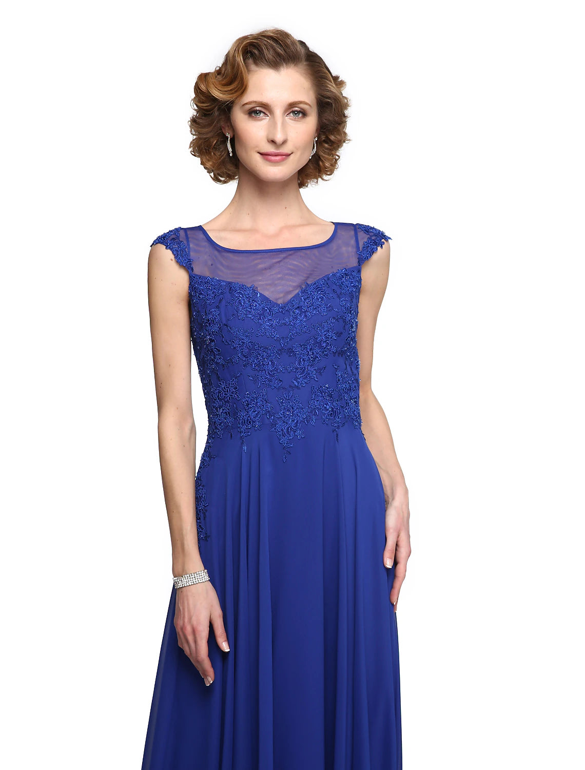 Wholesa  A-Line Mother of the Bride Dress Elegant Jewel Neck Ankle Length Chiffon Lace Sleeveless with Appliques