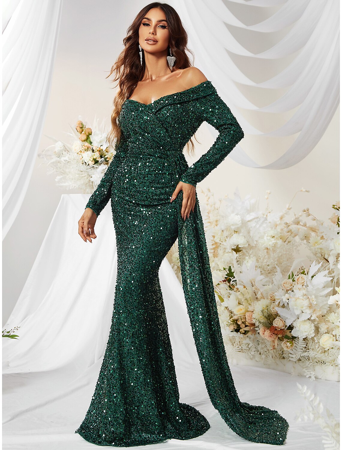 Wholesa Mermaid / Trumpet Evening Gown Sparkle & Shine Dress Formal Wedding Guest Sweep / Brush Train Long Sleeve Off Shoulder Polyester with Sequin