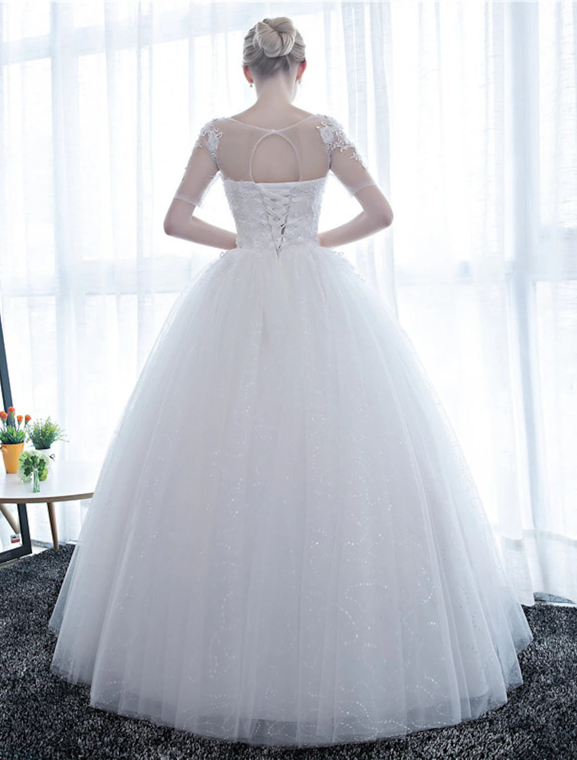 Wholesale Reception Formal Wedding Dresses Ball Gown Illusion Neck Half Sleeve Floor Length Satin Bridal Gowns With Lace 2023 Summer Wedding Party