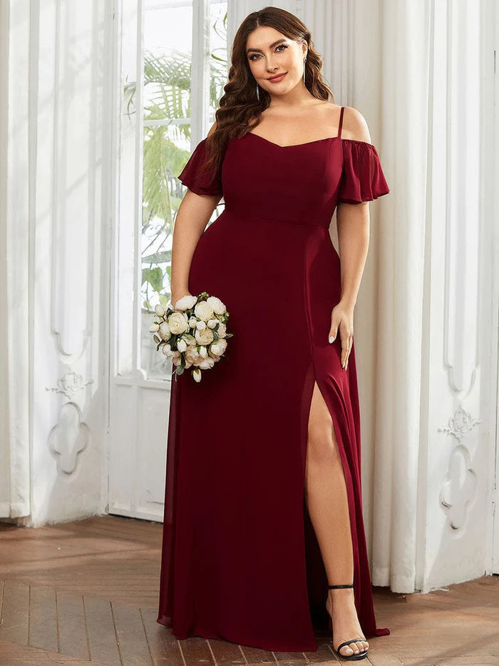 Wholesa Stylish Cold Shoulder Flare Sleeves Flowy Bridesmaid Dress