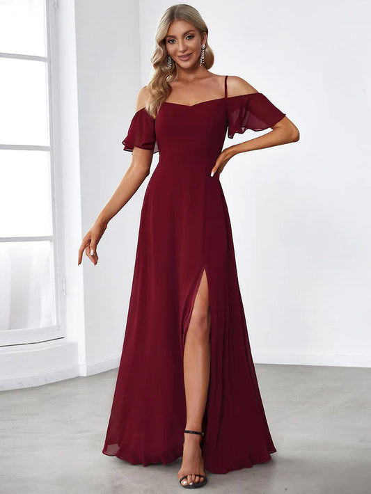 Wholesa Stylish Cold Shoulder Flare Sleeves Flowy Bridesmaid Dress