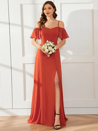 Wholesa Stylish Cold Shoulder Flare Sleeves Flowy Bridesmaid Dress