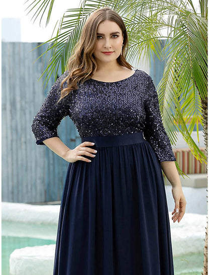 wholesale  A-Line Mother of the Bride Dress Wedding Guest Plus Size Elegant Jewel Neck Floor Length Tulle Sequined 3/4 Length Sleeve with Sequin Fall