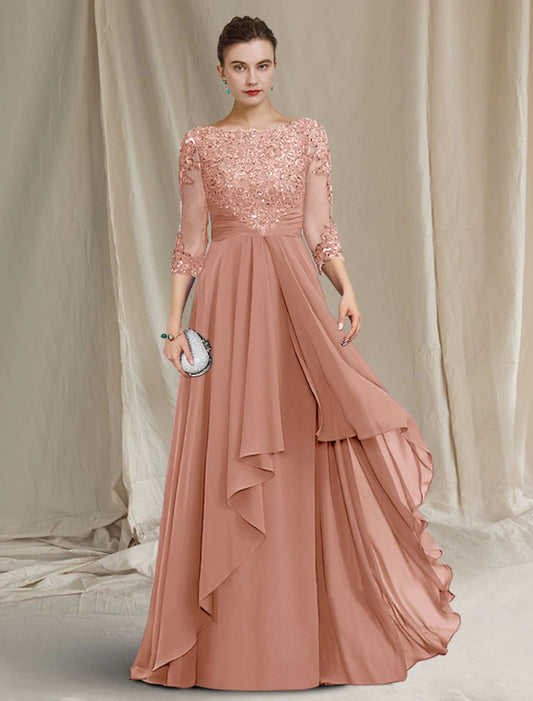 wholesale A-Line Mother of the Bride Dress Luxurious Elegant Jewel Neck Floor Length Chiffon Lace Sequined 3/4 Length Sleeve with Pleats Beading Appliques