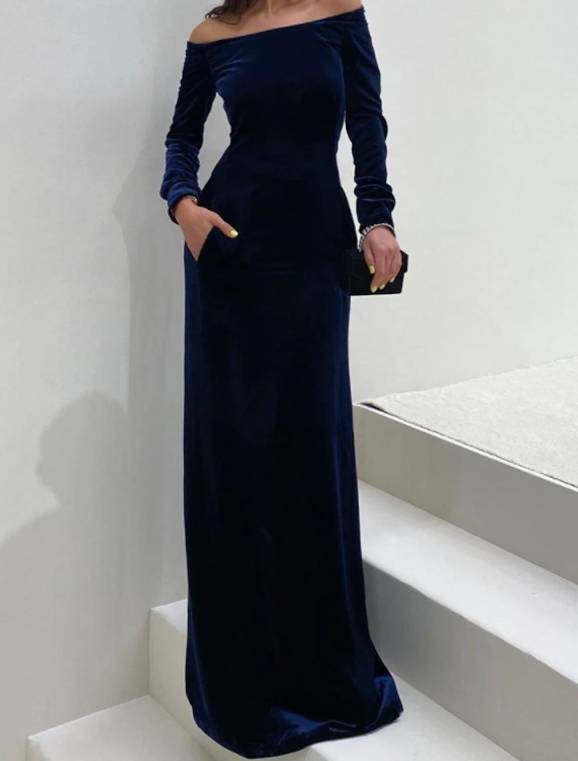 Wholesa Sheath / Column Evening Gown Elegant Dress Formal Evening Floor Length Long Sleeve Off Shoulder Fall Wedding Guest Velvet with Sleek