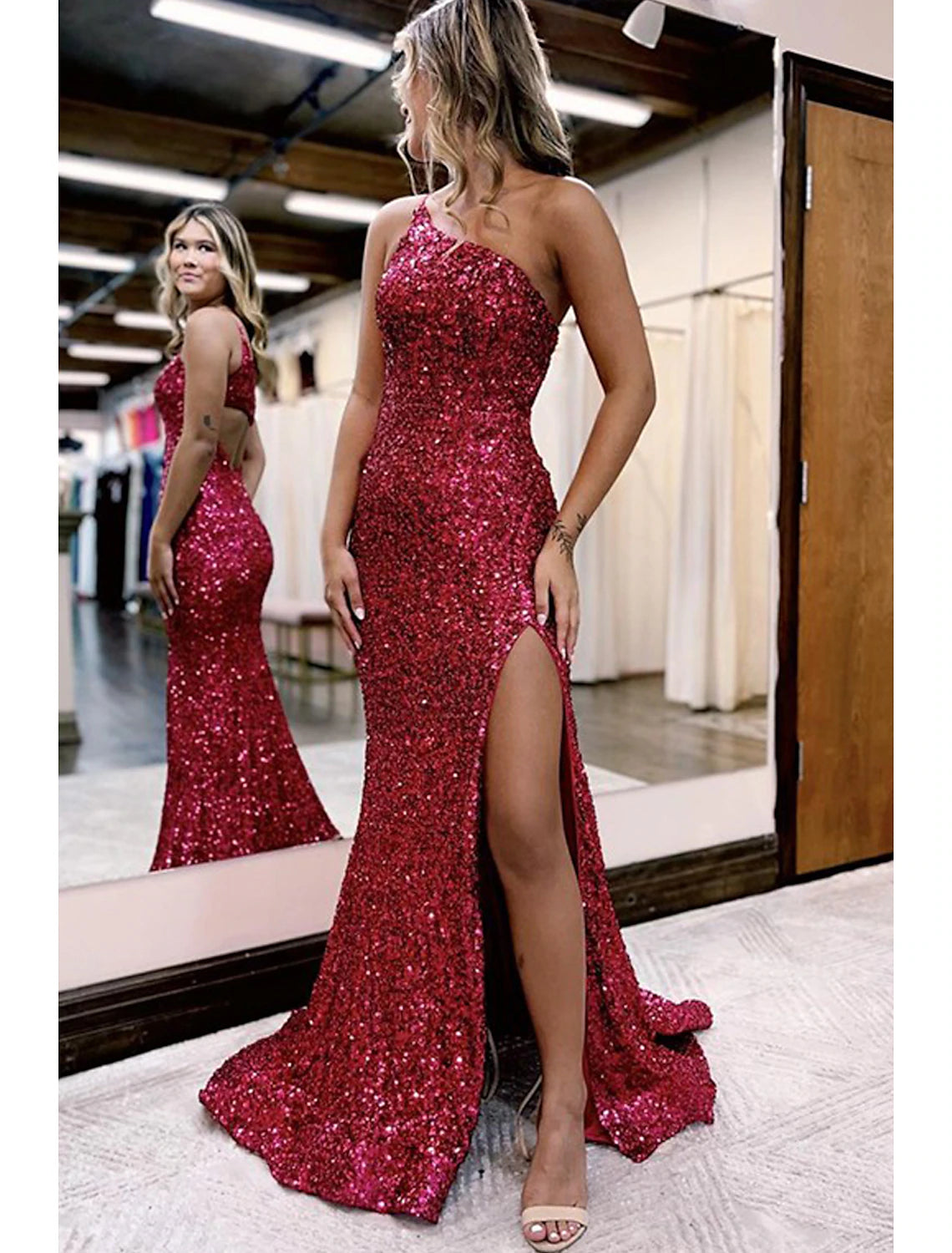 Wholesa Mermaid / Trumpet Prom Dresses Sparkle & Shine Dress Formal Wedding Party Court Train Sleeveless One Shoulder Sequined with Sequin Slit