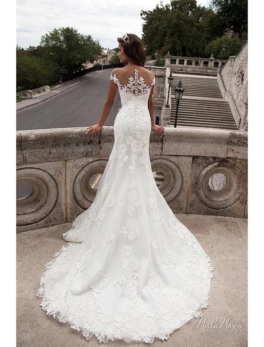 Wholesale der Cap Sleeve Court Train Lace Bridal Gowns With Appliques 2023 Summer Wedding Party