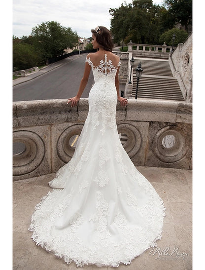 Wholesale Engagement Open Back Formal Wedding Dresses Mermaid / Trumpet Off Shoulder Cap Sleeve Court Train Lace Bridal Gowns With Appliques Summer Wedding Party