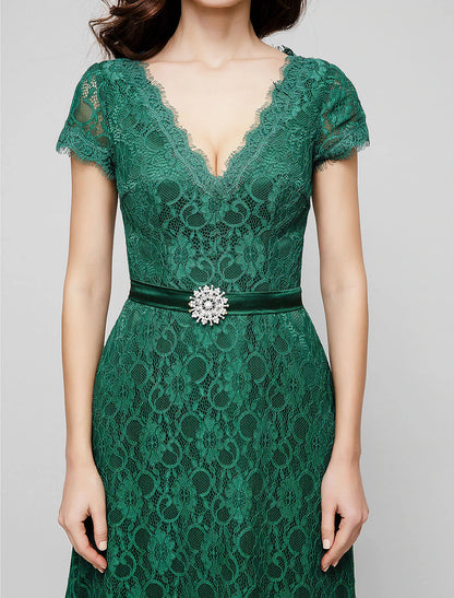 Wholesa A-Line Elegant Dress Holiday Cocktail Party Floor Length Short Sleeve V Neck All Over Lace with Crystal Brooch