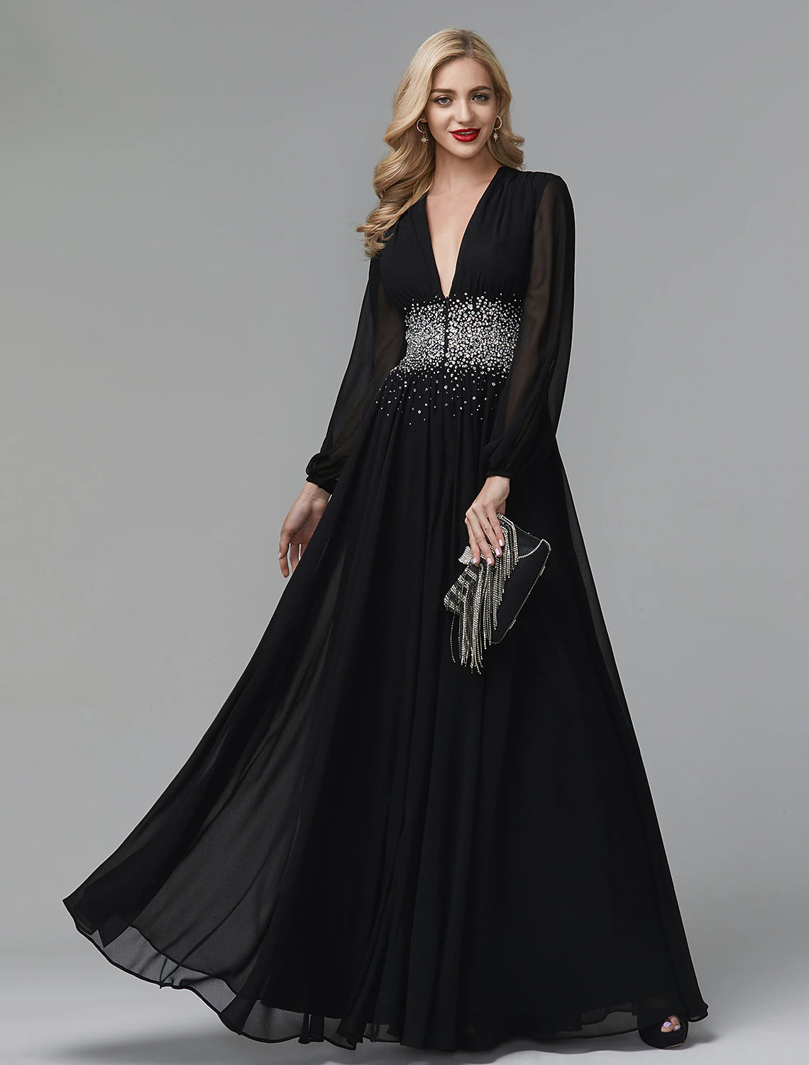 Wholesale A-Line Evening Dress Celebrity Red Carpet Formal Gown Black Tie Wedding Guest Floor Length Long Sleeve V Neck Chiffon with Sequin