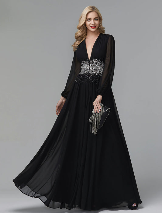 Wholesale A-Line Evening Dress Celebrity Red Carpet Formal Gown Black Tie Wedding Guest Floor Length Long Sleeve V Neck Chiffon with Sequin