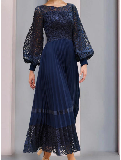 Wholesa  A-Line Mother of the Bride Dress Wedding Guest Elegant Scoop Neck Ankle Length Chiffon Lace Long Sleeve with Ruching Solid Colo