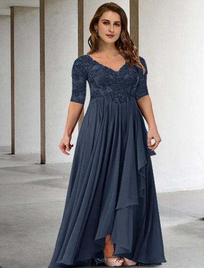 Wholesa Two Piece A-Line Mother of the Bride Dresses Plus Size Hide Belly Curve Elegant Dress Formal Floor Length Half Sleeve V Neck Chiffon with Pleats Appliques