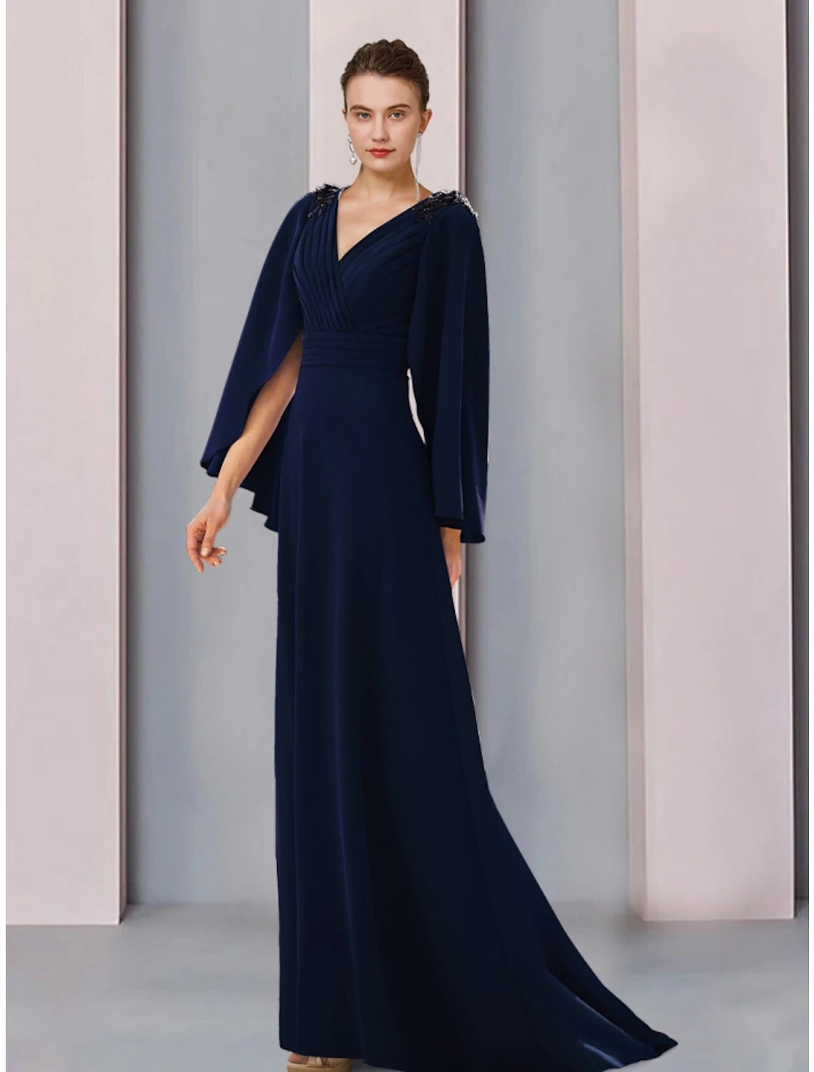 Wholesa  A-Line Mother of the Bride Dress Wedding Guest Elegant V Neck Sweep / Brush Train Stretch Chiffon Long Sleeve with Sequin Ruching Solid Color