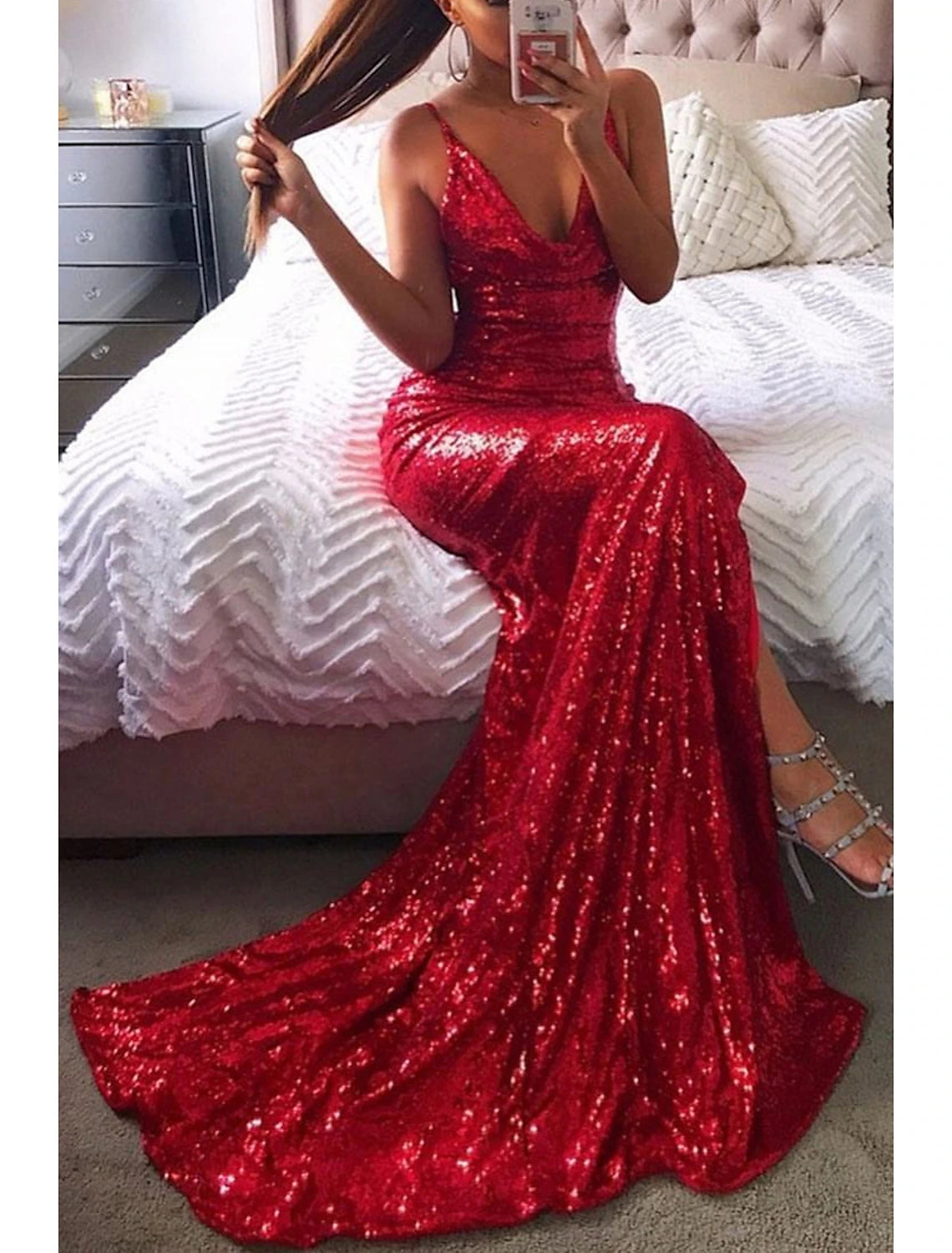 Wholesa  Mermaid / Trumpet Prom Dresses Sparkle & Shine Dress Formal Prom Court Train Sleeveless Strapless Sequined Backless with Sequin