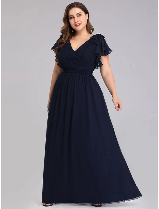 wholesale  A-Line Mother of the Bride Dress Plus Size V Neck Floor Length Chiffon Short Sleeve with Ruffles Ruching