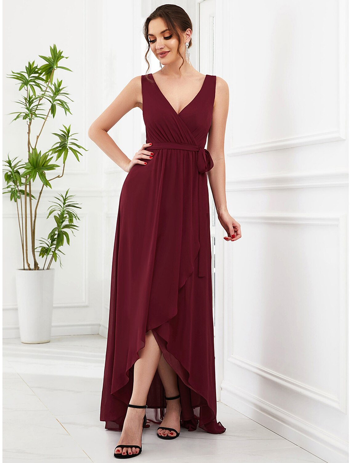 Wholesa A-Line Wedding Guest Dresses Elegant Dress Party Wear Wedding Party Asymmetrical Sleeveless V Neck Bridesmaid Dress Chiffon with Ruffles Strappy