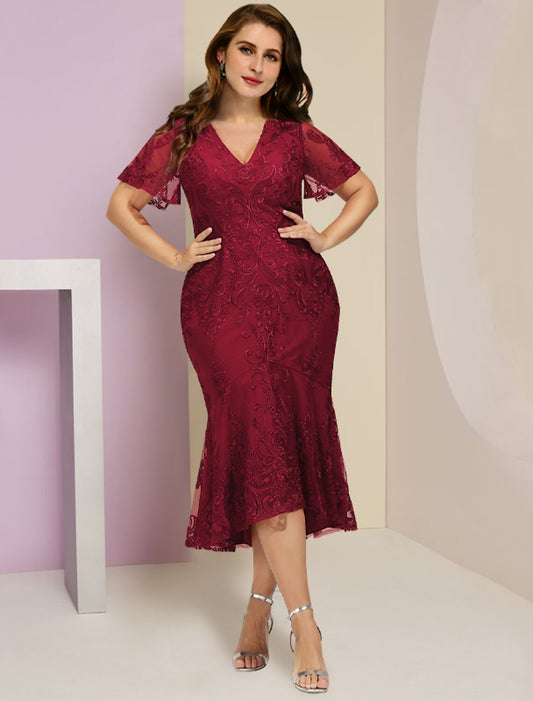 wholesale  Plus Size Curve Mother of the Bride Dress Wedding Guest Party Elegant V Neck Tea Length Lace Short Sleeve with Pleats Solid Color