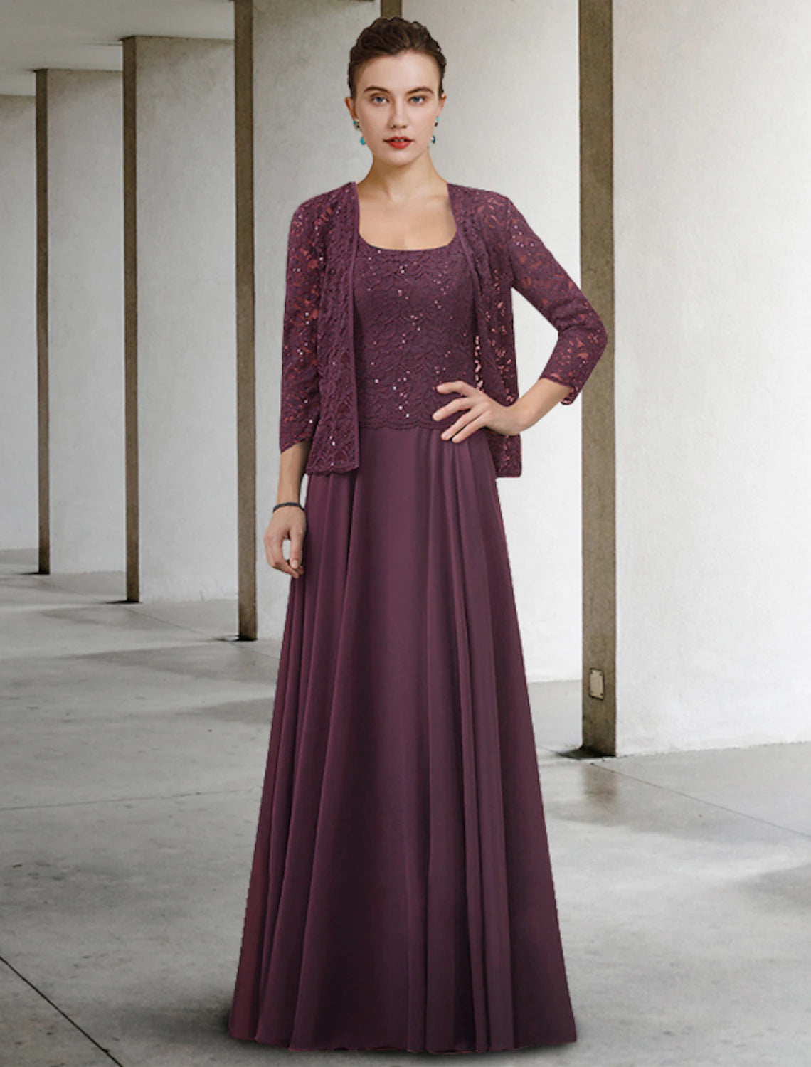 wholesale Two Piece A-Line Mother of the Bride Dress Elegant Jewel Neck Floor Length Chiffon Lace Half Sleeve with Pleats