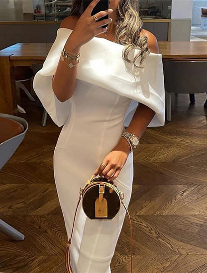 Wholesa Sheath Party Dress Prom Dresses Elegant Dress Graduation Wedding Guest Tea Length Half Sleeve Off Shoulder Stretch Fabric with Sleek Pure Color