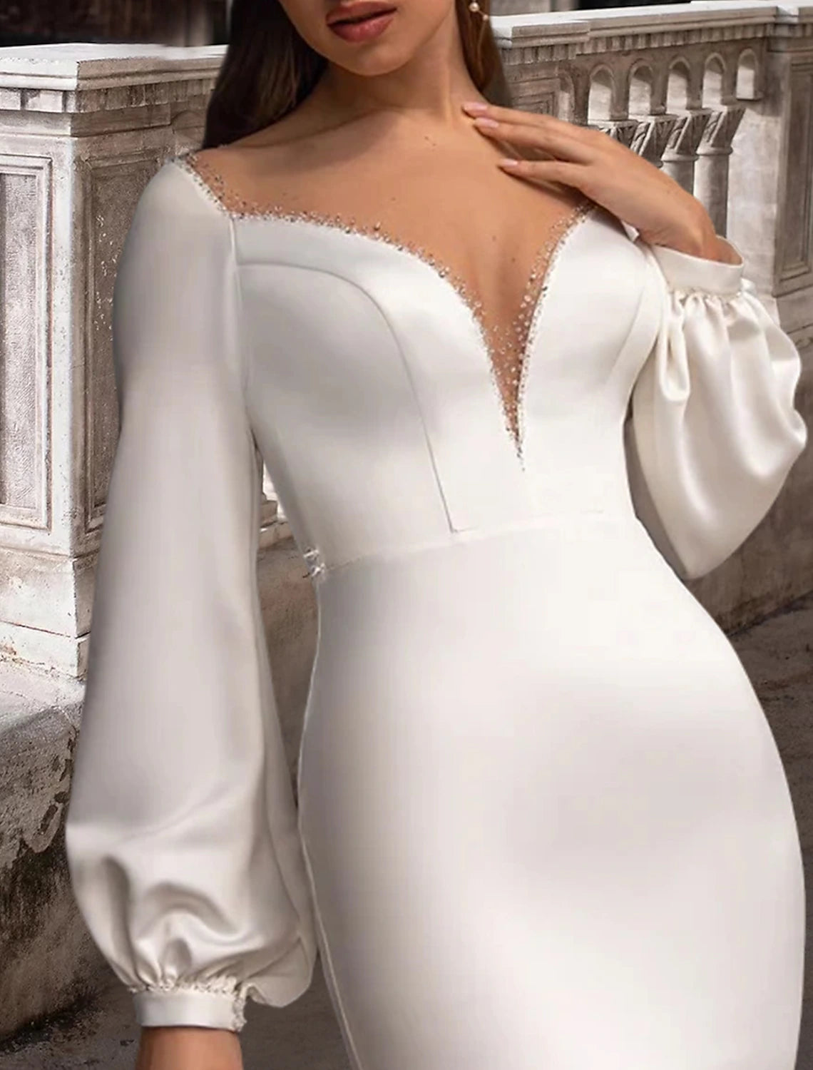 Wholesa Reception Formal Wedding Dresses Two Piece Illusion Neck Scoop Neck Long Sleeve Sweep / Brush Train Satin Bridal Gowns With Solid Color