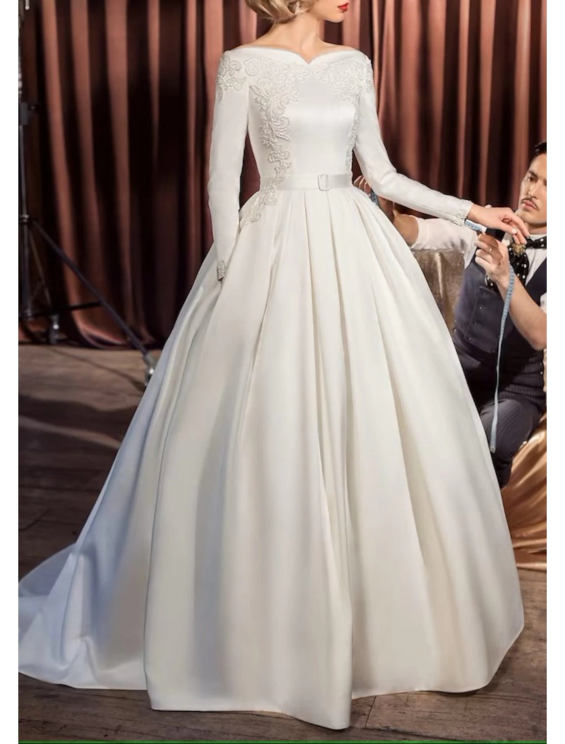 Wholesa Engagement Vintage 1940s / 1950s Formal Fall Wedding Dresses Ball Gown Off Shoulder Long Sleeve Court Train Satin Bridal Gowns With Sash / Ribbon Appliques Summer Wedding Party, Women‘s Clothing